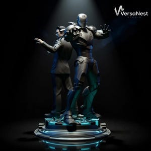 May include: A detailed statue featuring two figures: a man in a suit and a metallic armored superhero. The superhero is in a dynamic pose with outstretched hands. The base has blue neon lighting. The VersaNest Studio logo is visible.