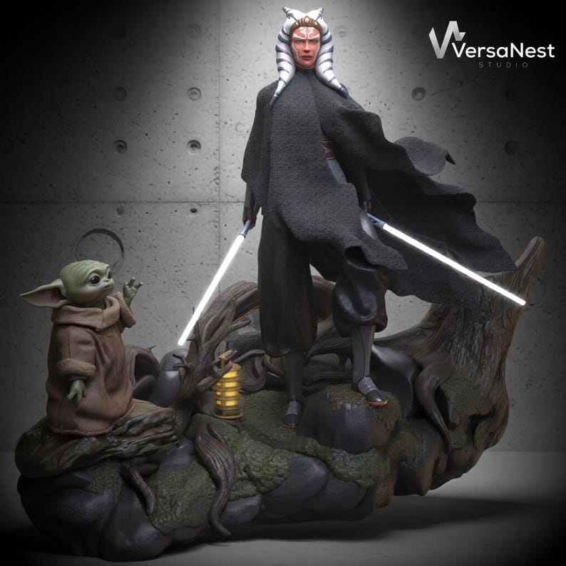Ahsoka Tano and Baby Yoda STL model featuring dual lightsabers and forest themed display base for resin 3D printing