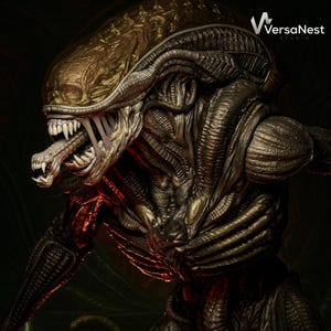 Puede incluir: Representaci&oacute;n 3D detallada de una criatura alien&iacute;gena. El exoesqueleto met&aacute;lico texturizado presenta tonos bronce y marr&oacute;n. La boca de la criatura est&aacute; abierta, mostrando dientes afilados y una lengua larga. Fondo oscuro con toques rojos.