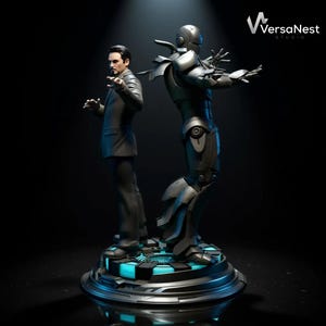Iron Man and Tony Stark fan art statue back to back on futuristic base, 1:6 scale.
