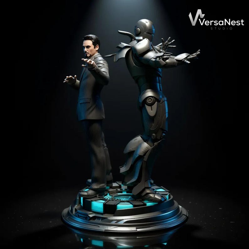Iron Man and Tony Stark fan art statue back to back on futuristic base, 1:6 scale.