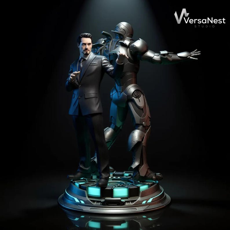 Iron Man armor pose with glowing base effects, 3D printable fan art figure.