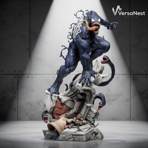 May include: A detailed Venom figurine featuring the dark blue, muscular character with a long, textured tongue and sharp teeth. The figure stands atop a base of crumbling stone, red brick, and debris, with smaller tendrils emerging from the base.