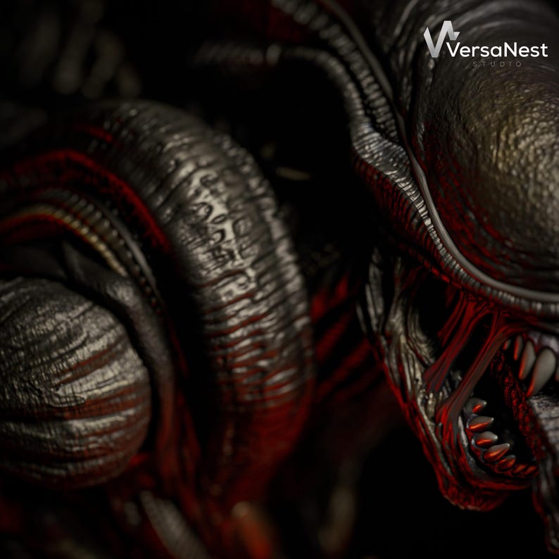 Puede incluir: Primer plano detallado de una criatura Xenomorfo, con una superficie texturizada similar al metal en tonos grises y negros. Destacados rojos acent&uacute;an la boca y las estructuras internas de la criatura, con afilados dientes visibles. El logo de VersaNest Studio est&aacute; en la esquina superior derecha.