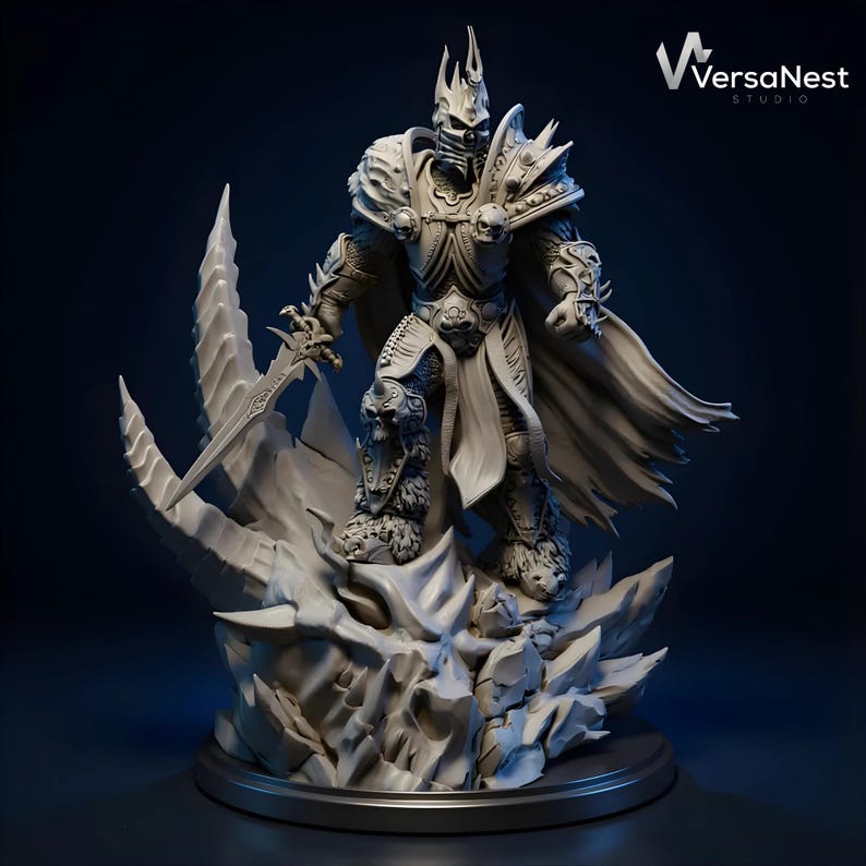 Arthas Lich King 3D print STL model standing on skull base with sword Frostmourne