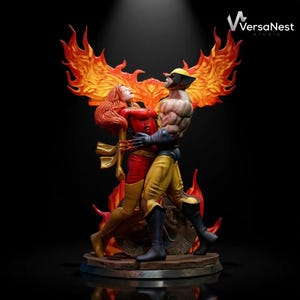 May include: A detailed statue of two comic book characters embracing, set against a backdrop of fiery orange flames. The figures are in dynamic poses, with one in a red and gold costume and the other in yellow and blue. The base is a circular design.