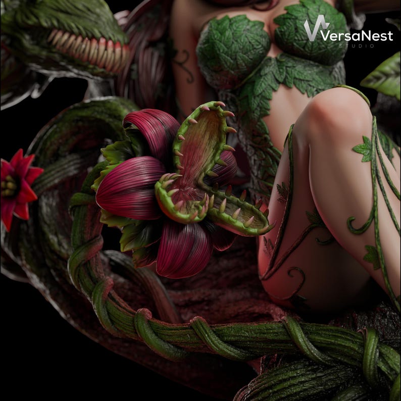 May include: A detailed sculpture of a character with green and red plant-like features. The figure is adorned with leaves and vines, with a large, open-mouthed flower in the foreground. The sculpture has a dark, detailed background.