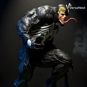 May include: A detailed sculpture of the Marvel Comics character Venom, in a dynamic pose. The figure is predominantly black with white accents and a large white spider emblem on the chest. The head features a split design with a human face and a monstrous, toothed mouth with a long red tongue.