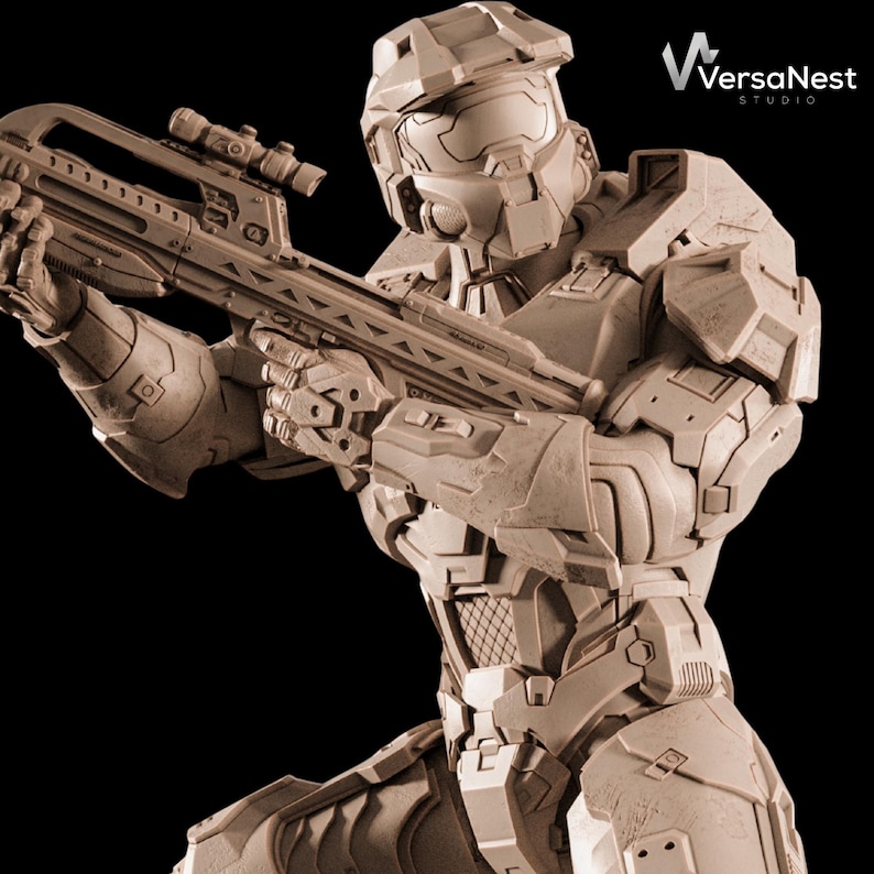 Close-up sculpt of Spartan-style helmet and rifle details