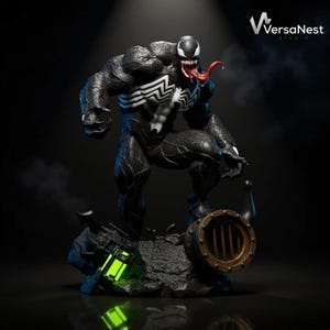 Puede incluir: Estatua detallada de Venom en blanco y negro con lengua roja, sobre una base rocosa con luz verde y objeto metálico steampunk. La estatua tiene un emblema blanco con forma de araña en el pecho.