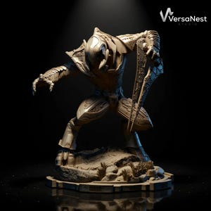 May include: A detailed sculpture of a warrior figure in metallic armor, holding a large blade. The figure is posed dynamically on a rocky base, with intricate detailing on the armor and weapon. The sculpture is set against a dark background.