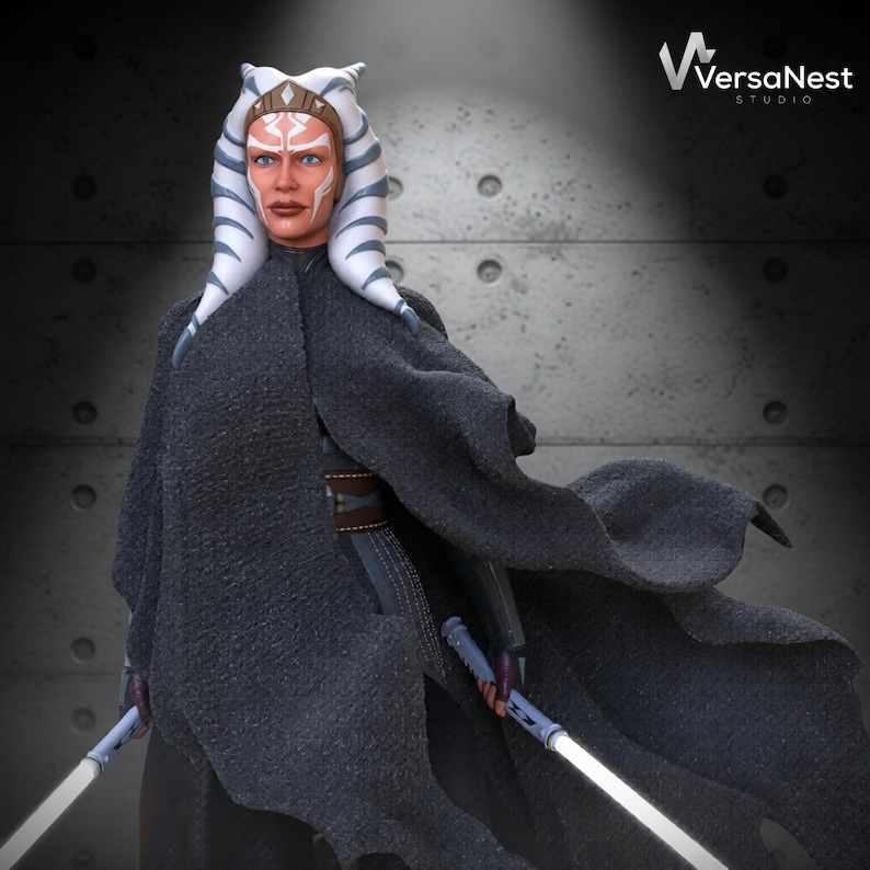 Detailed Star Wars collectible statue STL render with Ahsoka Tano and Grogu standing on environmental base