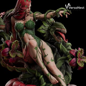 May include: A detailed statue of a woman with red hair and green leaf-like attire, surrounded by plant-like structures. The statue has a dark background and features the "VersaNest Studio" logo.