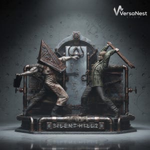May include: A detailed statue featuring two figures in a battle scene. One figure wears a pyramid-shaped helmet and the other wields a weapon. The base of the statue has the text "SILENT HILL". The statue is set against a textured background.
