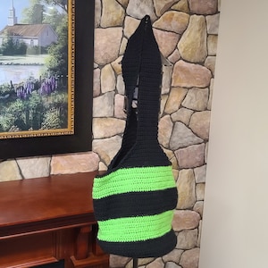 Green and Black Striped Crochet Tote Bag