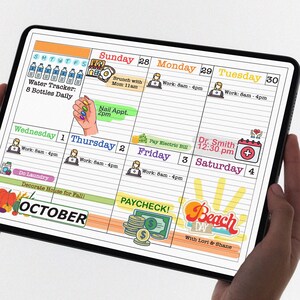 May include: A digital planner displayed on a tablet, featuring a colorful October calendar layout. The planner includes sections for daily tasks, water intake tracking, and appointments. The design incorporates hand-drawn illustrations and text.