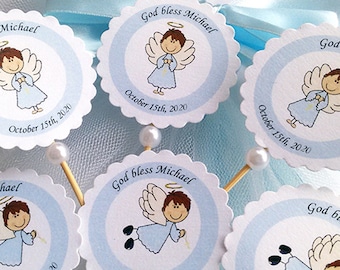 Set of 12 - Angel cupcake toppers - Baptism cupcake toppers - Christening cupcake toppers - Baptism Decoration - Angel Boy Cupcake Toppers