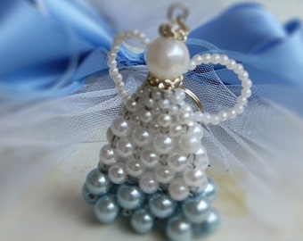 Angel Baptism Favor - Set of 6, Angel Keychain, Pearl Beaded Angel, Angel Ornament, Christenin Gift For Guests, Present To Holy Communion