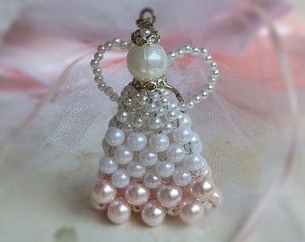 Pearl Angel Keychain Set of 6, Handmade Baptism Favor, Elegant Beaded Angel, Angel Ornament, Communion Favor, Baptism Gift For Guests