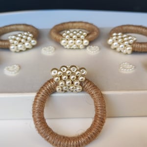 Pearl Napkin Rings - Set of 6, Hemp Napkin Rings, Wedding Napkin Rings, Beaded Napkin Rings, Table decoration, Rustic Napkin Rings