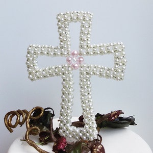 Cross Cake Topper Pearl cross Cake Topper Baptism Cake Topper Christening Cake Topper First Communion Cake topper IVORY Girl imagen 1