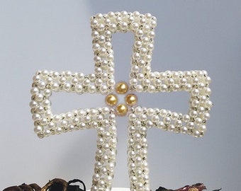 Baptism Cake Topper - Cross Cake Topper- Pearl cross Cake Topper - Christening Cake Topper - First Communion Cake topper - IVORY