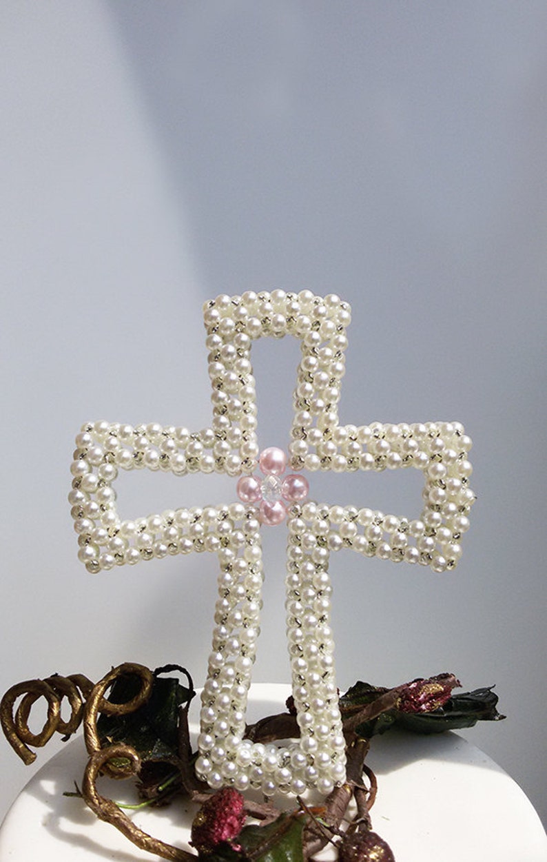 Cross Cake Topper Pearl cross Cake Topper Baptism Cake Topper Christening Cake Topper First Communion Cake topper IVORY Girl imagen 2