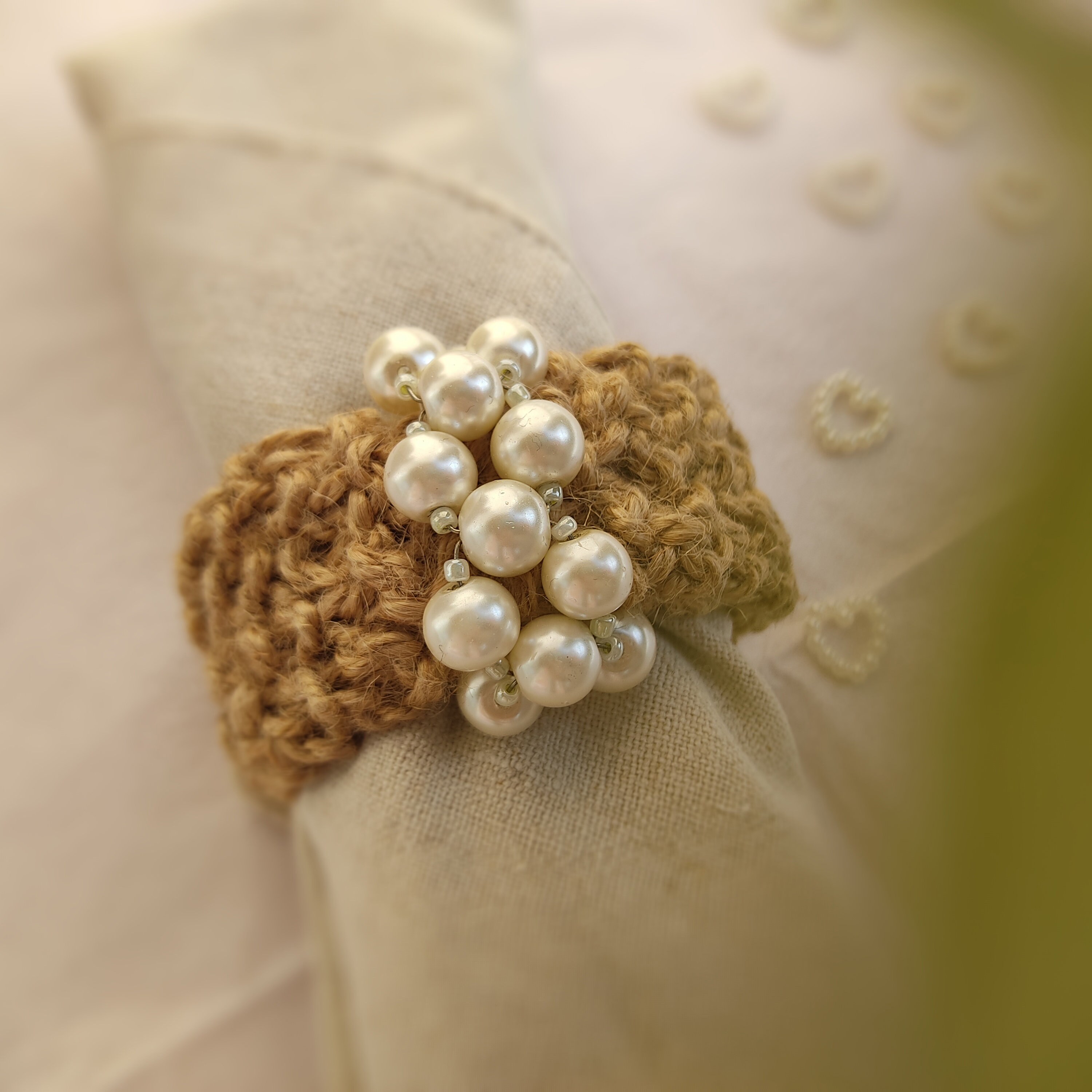Wedding Napkin Rings Set of 6 Hemp Napkin Rings Pearl Napkin Rings Rustic Table Decoration Knit Napkin Rings Hemp Napkin