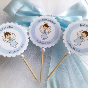 Set of 12 Angel cupcake toppers Baptism cupcake toppers Christening cupcake toppers Baptism Decoration Angel Boy Cupcake Toppers image 4