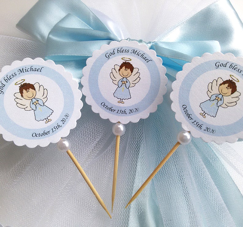 Set of 12 Angel cupcake toppers Baptism cupcake toppers Christening cupcake toppers Baptism Decoration Angel Boy Cupcake Toppers image 4