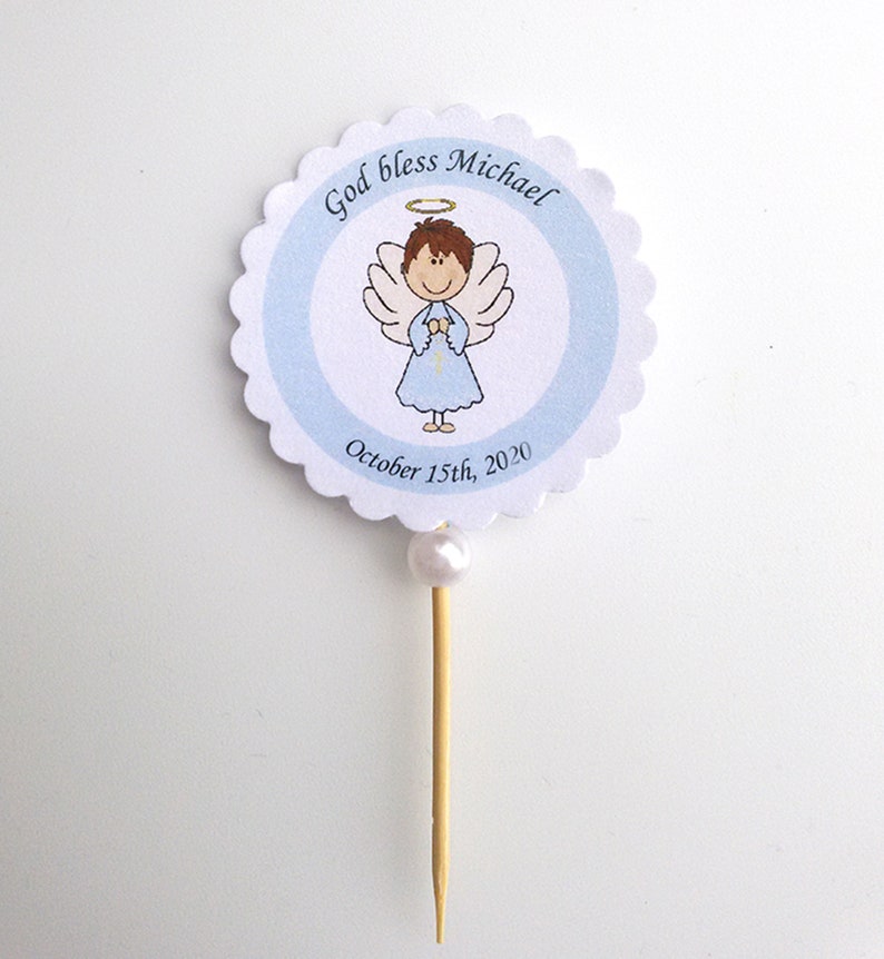 Set of 12 Angel cupcake toppers Baptism cupcake toppers Christening cupcake toppers Baptism Decoration Angel Boy Cupcake Toppers image 2