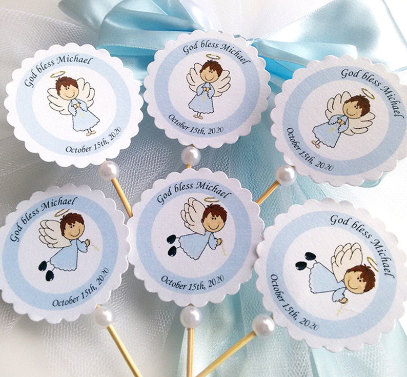 Set of 12 Angel cupcake toppers Baptism cupcake toppers Christening cupcake toppers Baptism Decoration Angel Boy Cupcake Toppers image 1