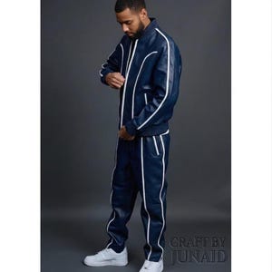 Men’s Brayden Navy & White Leather Tracksuit | Genuine Lambskin Leather Sweatsuit | Luxury Sport Style Set.