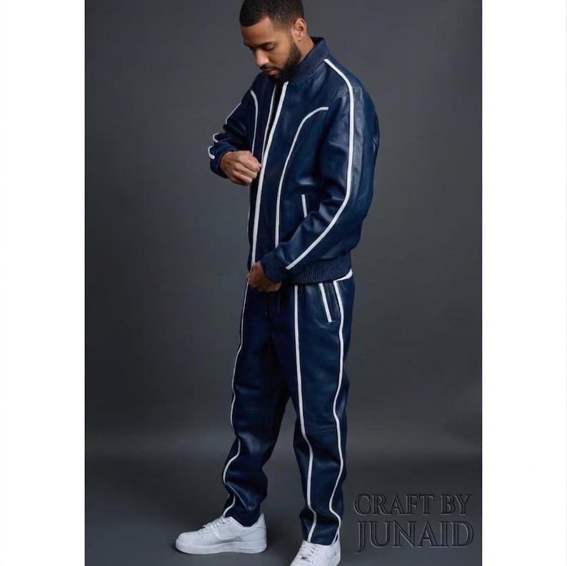 Men’s Brayden Navy & White Leather Tracksuit | Genuine Lambskin Leather Sweatsuit | Luxury Sport Style Set.