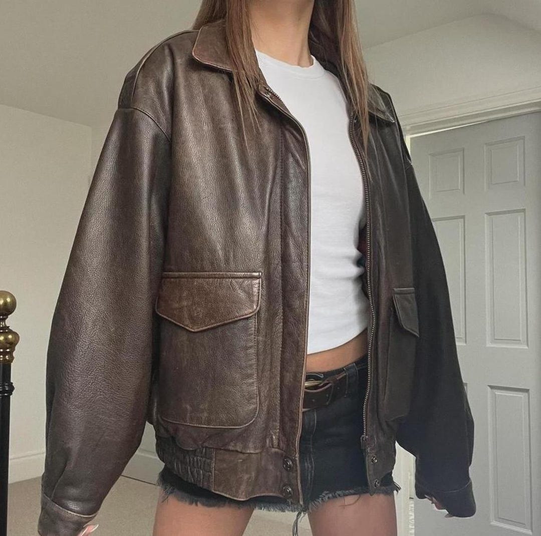 90s Oversized Brown Leather Bomber Jacket, Biker Style - Etsy