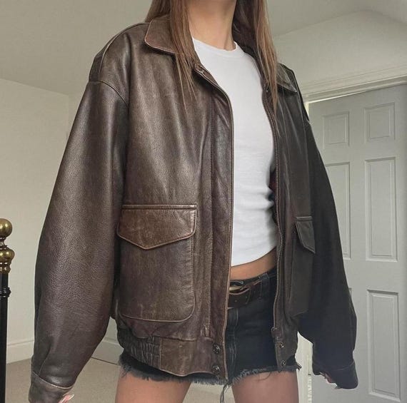 90s Oversized Brown Leather Bomber Jacket, Biker Style - Etsy