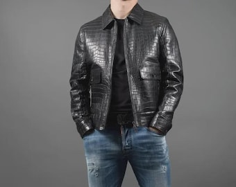 Men’s Crocodile Pattern Genuine Leather Biker Jacket | Handmade Cowhide Moto Jacket | permium leather jacket| Luxury Gift for Him.