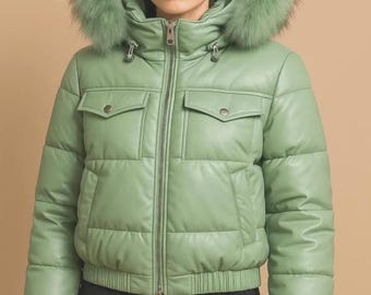 Jaqueta puffer de couro verde-mar | Casaco de inverno feminino com capuz de pele de raposa