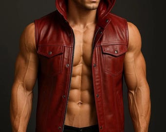 Genuine Sheepskin Red Leather Vest | Hooded Biker Gilet | Handmade Winter Vest | Stylish Moto Outerwear.