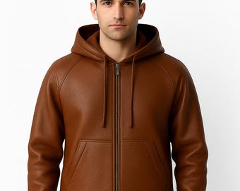 May include: A brown leather hooded jacket with a full zipper closure and front pockets. The jacket has a ribbed hem and cuffs. The text "Craftbyjunaid" is at the top of the image.