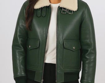 Jaqueta feminina de couro com gola de pele de carneiro – Casaco bomber aviador de inverno feito à mão em pele de carneiro genuína, presente ideal para ela.