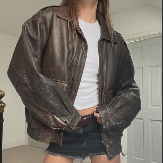90s Oversized Brown Leather Bomber Jacket, Biker Style - Etsy