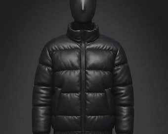 Men’s Luxurious Black Leather Puffer Jacket | Handmade Quilted Winter Coat | Warm Streetwear Outerwear.