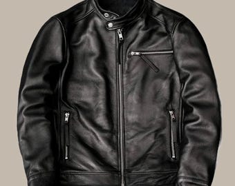 Handmade Lambskin Biker Leather Jacket, Slim Fit Motorcycle Coat