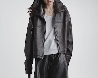 Chaqueta bomber de cuero genuino de gran tamaño para mujer - Chaqueta de motociclista estilo vintage Y2K - Abrigo de cuero informal para mujer - Regalo para ella.