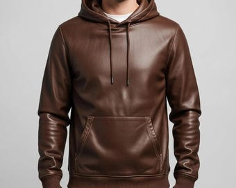 Men’s Brown Leather Hoodie | Genuine Leather Pullover Hoodie | Luxury Leather Sweatshirt | Casual Streetwear Hooded Jacket.