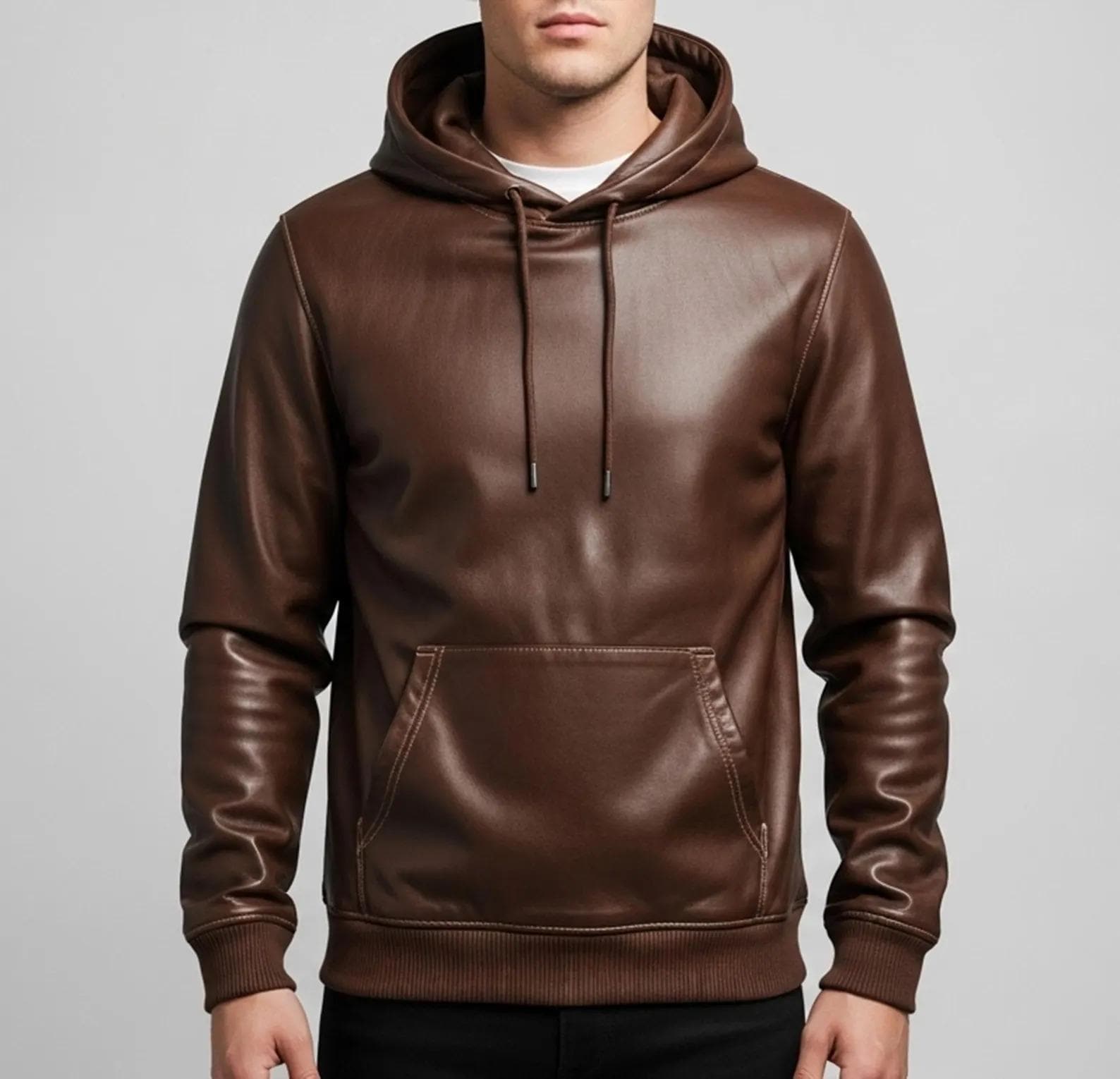 Men's Brown Genuine Leather Hoodie Streetwear Pullover Sweatshirt Style Jacket