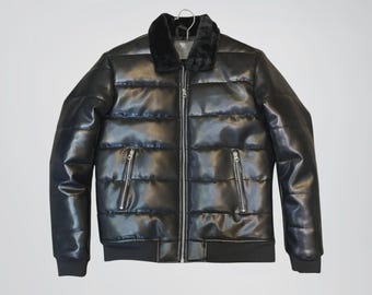 Men’s Quilted Genuine Leather Puffer Jacket with Fur Collar – Ribbed Winter Leather Jacket for Men, Gift for him.