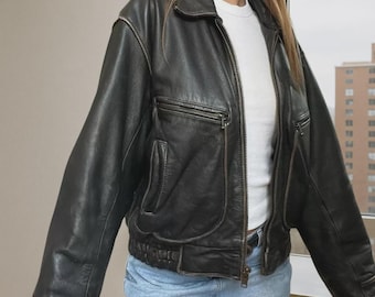 Jaqueta de couro vintage dos anos 90, jaqueta de couro oversized, jaqueta bomber feminina de pele de carneiro preta feita à mão, ótima ideia de presente para o inverno.