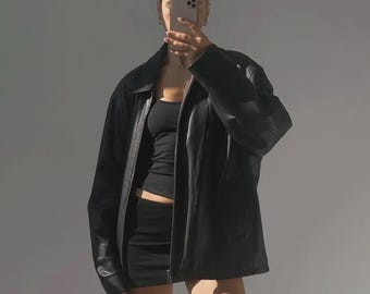 Oversized Black Sheep Leather Bomber Jacket - Straight Cut